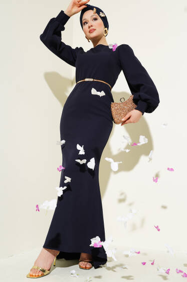 Kuşaklı Balık Elbise Lacivert - Elbise