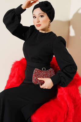 Kuşaklı Balık Elbise Siyah - Tesettür Elbise