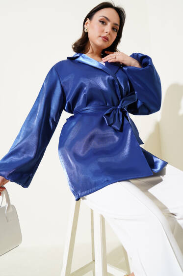 Kuşaklı Balon Kol Parlak Ceket Lacivert - Ceket