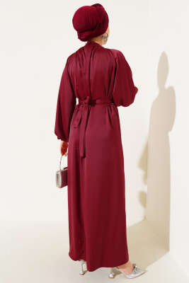 Kuşaklı Balon Kol Saten Abiye Elbise Bordo - Tesettür Elbise