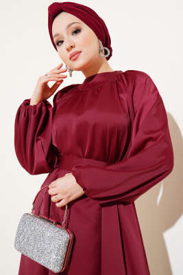 Kuşaklı Balon Kol Saten Abiye Elbise Bordo - Tesettür Elbise