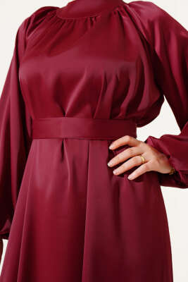 Kuşaklı Balon Kol Saten Abiye Elbise Bordo - Tesettür Elbise