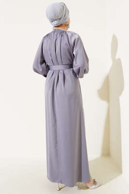 Kuşaklı Balon Kol Saten Abiye Elbise Gri - Tesettür Elbise