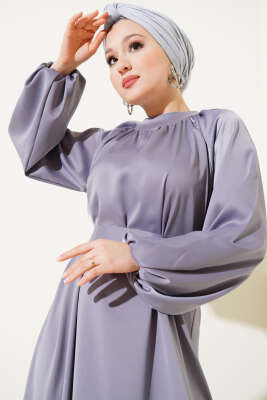 Kuşaklı Balon Kol Saten Abiye Elbise Gri - Tesettür Elbise