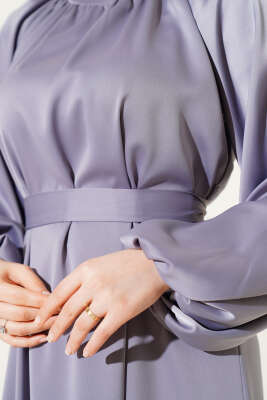 Kuşaklı Balon Kol Saten Abiye Elbise Gri - Tesettür Elbise