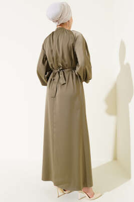 Kuşaklı Balon Kol Saten Abiye Elbise Haki - Tesettür Elbise