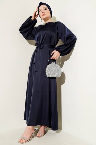 Kuşaklı Balon Kol Saten Abiye Elbise Lacivert - Elbise