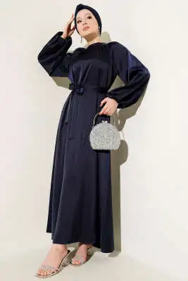 Kuşaklı Balon Kol Saten Abiye Elbise Lacivert 