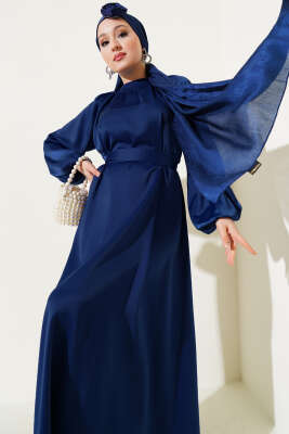 Kuşaklı Balon Kol Saten Abiye Elbise Lacivert - Tesettür Elbise