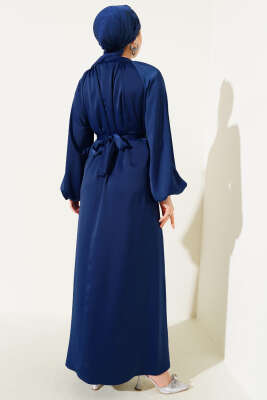 Kuşaklı Balon Kol Saten Abiye Elbise Lacivert - Tesettür Elbise