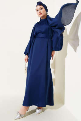 Kuşaklı Balon Kol Saten Abiye Elbise Lacivert 