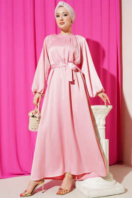 Kuşaklı Balon Kol Saten Abiye Elbise Pembe - BERAT TEKSTİL
