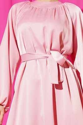 Kuşaklı Balon Kol Saten Abiye Elbise Pembe - Elbise