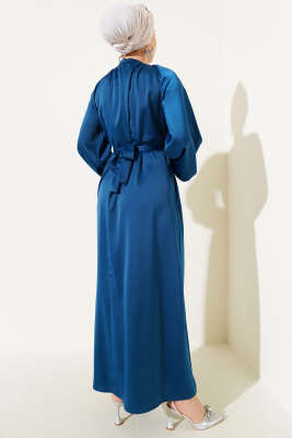Kuşaklı Balon Kol Saten Abiye Elbise Petrol - Tesettür Elbise