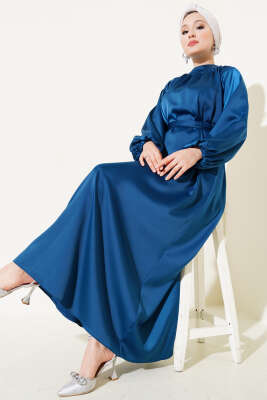 Kuşaklı Balon Kol Saten Abiye Elbise Petrol 