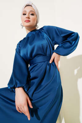 Kuşaklı Balon Kol Saten Abiye Elbise Petrol - Tesettür Elbise