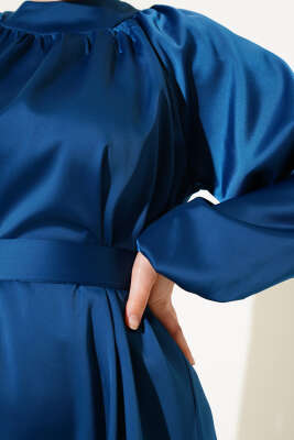 Kuşaklı Balon Kol Saten Abiye Elbise Petrol - Tesettür Elbise