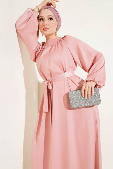 Kuşaklı Balon Kol Saten Abiye Elbise Pudra - Elbise