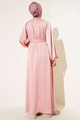Kuşaklı Balon Kol Saten Abiye Elbise Pudra - Tesettür Elbise
