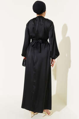 Kuşaklı Balon Kol Saten Abiye Elbise Siyah - Tesettür Elbise