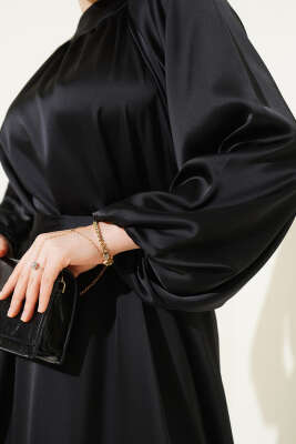 Kuşaklı Balon Kol Saten Abiye Elbise Siyah - Tesettür Elbise