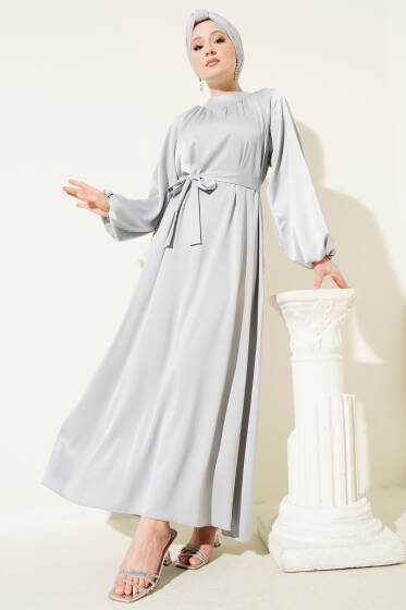 Kuşaklı Balon Kol Saten Abiye Elbise Taş - Elbise