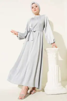 Kuşaklı Balon Kol Saten Abiye Elbise Taş 