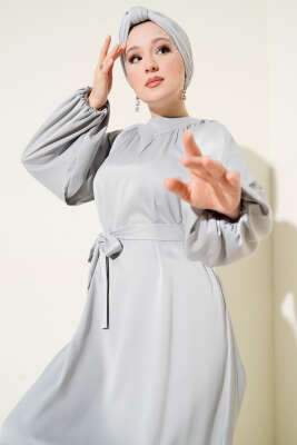 Kuşaklı Balon Kol Saten Abiye Elbise Taş - Tesettür Elbise