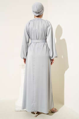 Kuşaklı Balon Kol Saten Abiye Elbise Taş - Tesettür Elbise