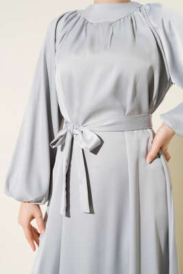 Kuşaklı Balon Kol Saten Abiye Elbise Taş - Tesettür Elbise
