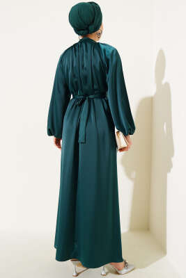 Kuşaklı Balon Kol Saten Abiye Elbise Zümrüt - Tesettür Elbise