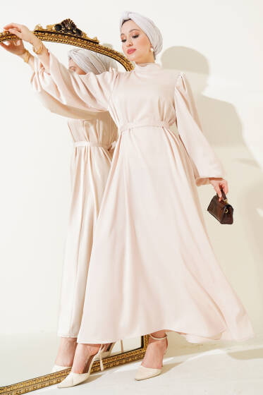 Kuşaklı Balon Kol Saten Elbise Bej - Elbise