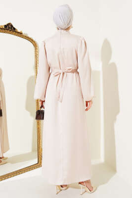 Kuşaklı Balon Kol Saten Elbise Bej - Tesettür Elbise