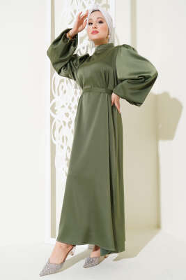 Kuşaklı Balon Kol Saten Elbise Haki - Tesettür Elbise