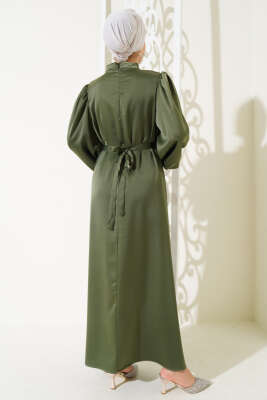 Kuşaklı Balon Kol Saten Elbise Haki - Tesettür Elbise