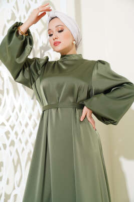 Kuşaklı Balon Kol Saten Elbise Haki - Tesettür Elbise