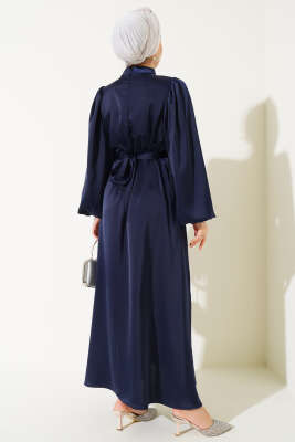 Kuşaklı Balon Kol Saten Elbise Lacivert - Tesettür Elbise