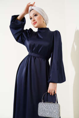Kuşaklı Balon Kol Saten Elbise Lacivert - Tesettür Elbise