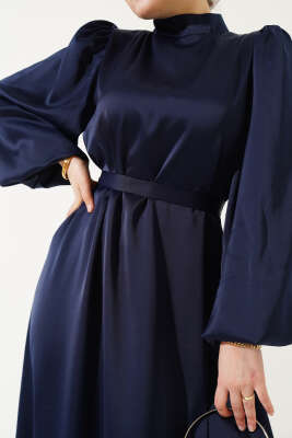 Kuşaklı Balon Kol Saten Elbise Lacivert - Tesettür Elbise