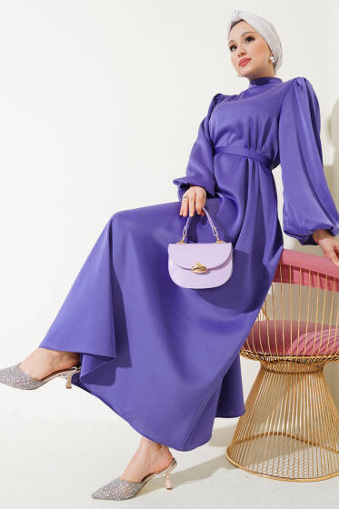Kuşaklı Balon Kol Saten Elbise Lila - Tesettür Elbise