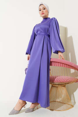 Kuşaklı Balon Kol Saten Elbise Lila - Tesettür Elbise