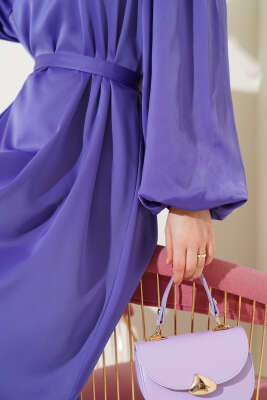 Kuşaklı Balon Kol Saten Elbise Lila - Tesettür Elbise