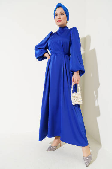 Kuşaklı Balon Kol Saten Elbise Saks - Elbise