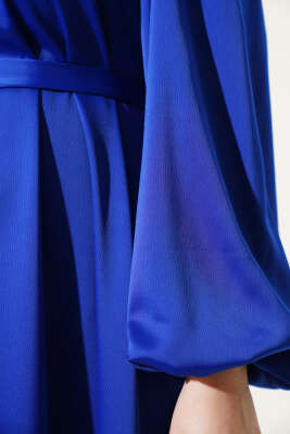 Kuşaklı Balon Kol Saten Elbise Saks - Tesettür Elbise