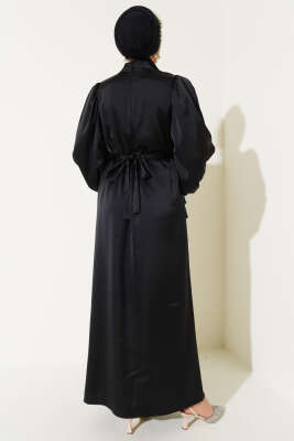 Kuşaklı Balon Kol Saten Elbise Siyah - Tesettür Elbise