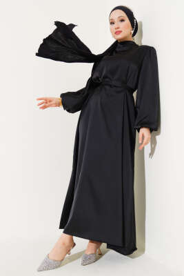 Kuşaklı Balon Kol Saten Elbise Siyah 