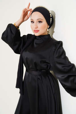 Kuşaklı Balon Kol Saten Elbise Siyah - Tesettür Elbise