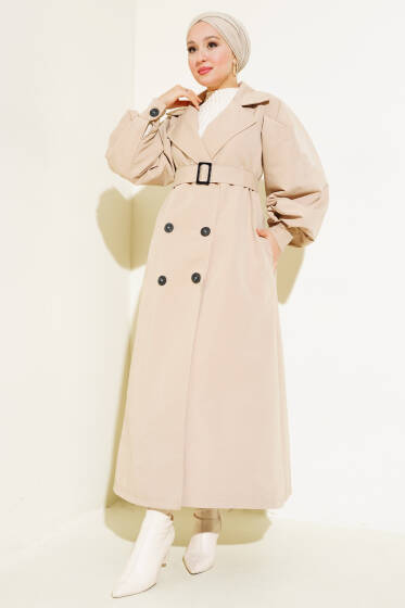 Kuşaklı Balon Kol Uzun Trençkot Bej - Trençkot