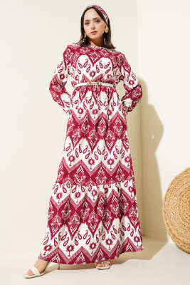 Kuşaklı Bel Lastikli Desenli Bürümcük Elbise Bordo - Tesettür Elbise