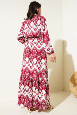 Kuşaklı Bel Lastikli Desenli Bürümcük Elbise Bordo - Tesettür Elbise